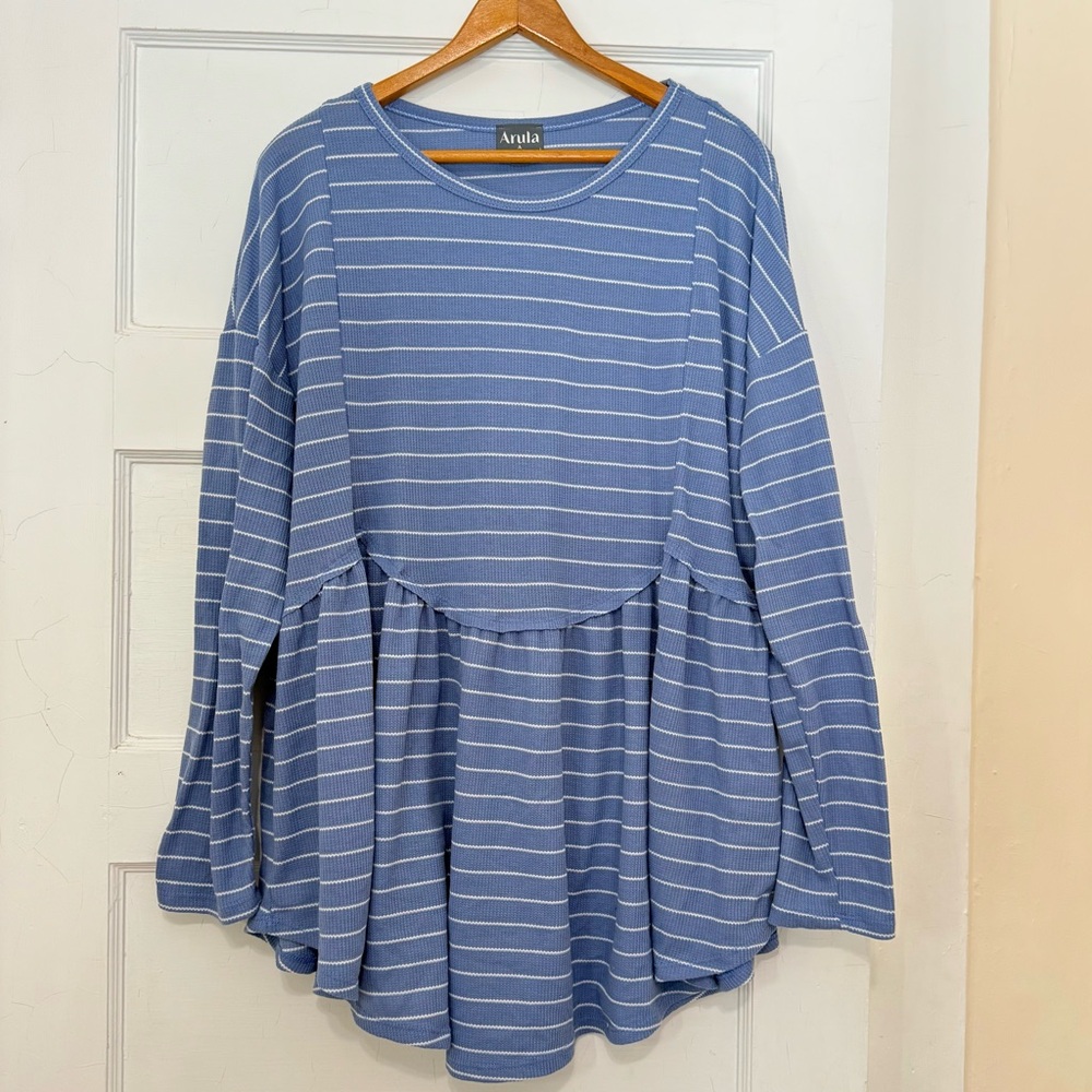 Arula Huxley Waffle Long Sleeve Top szA Blue White Stripe 14/16 Altar’d State